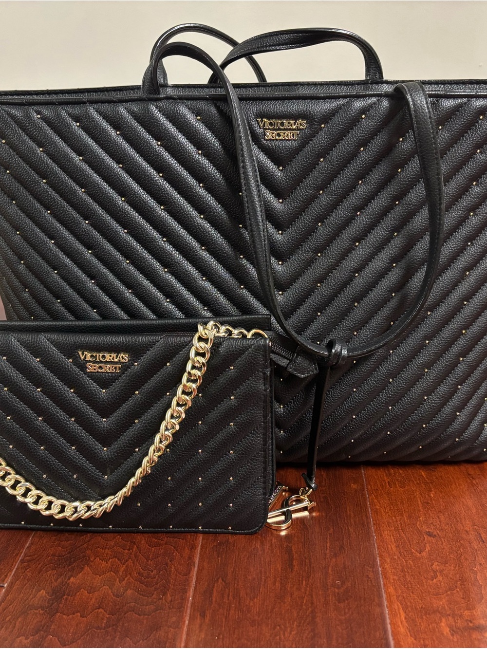 Victoria's Secret Black Quilted Tote and Matching Crossbody with Gold Chain